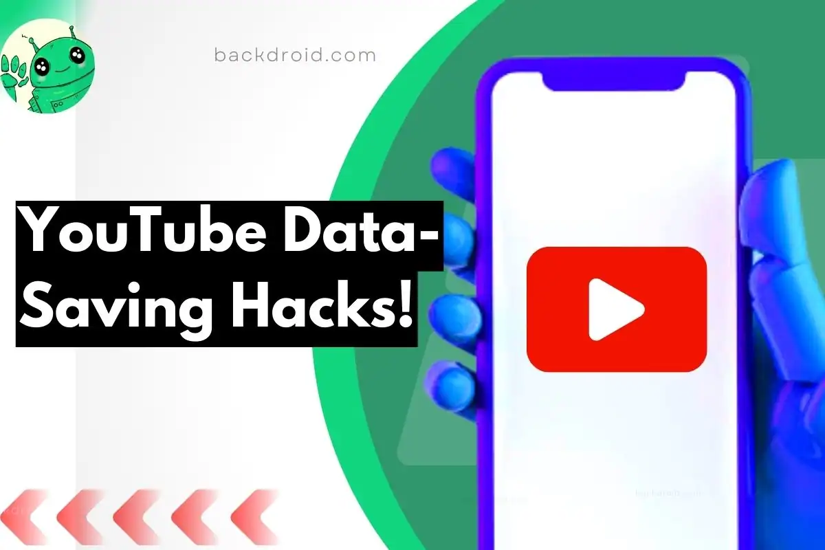 YouTube Data-Saving Hacks overlay text thumbnail where youtube logo on a vector phone showing