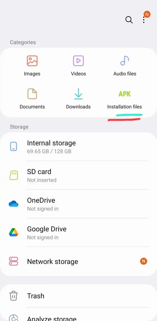 Installation Files apk in the file manager app