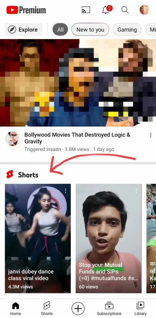 Highlighting the YouTube shorts in the Youtube app