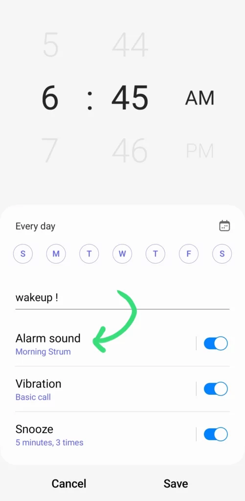 setting up an alarm menu where the alarm sound highlighted with a green arrow