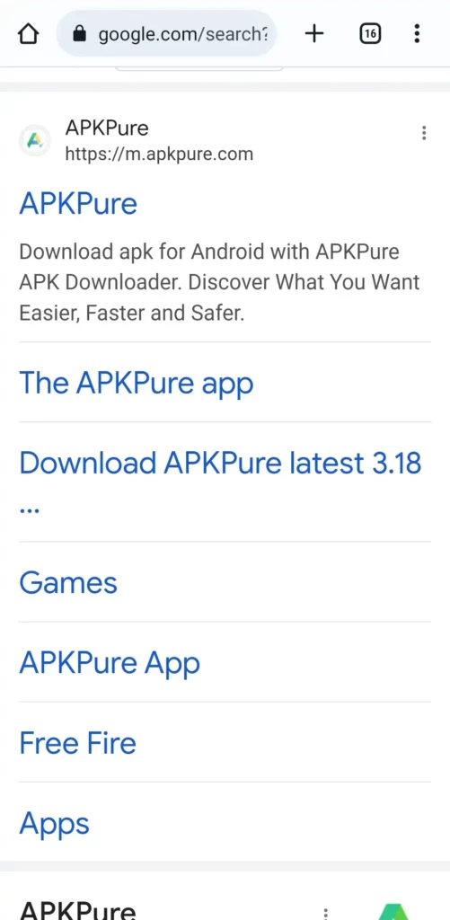 searching for apkpure.com on google chrome app