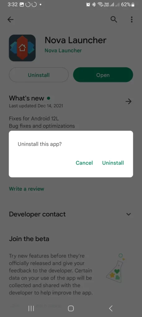 uninstalling promt of app from google play store