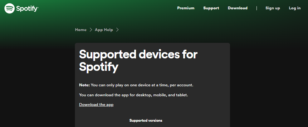 Supported devices for Spotify website screenshot