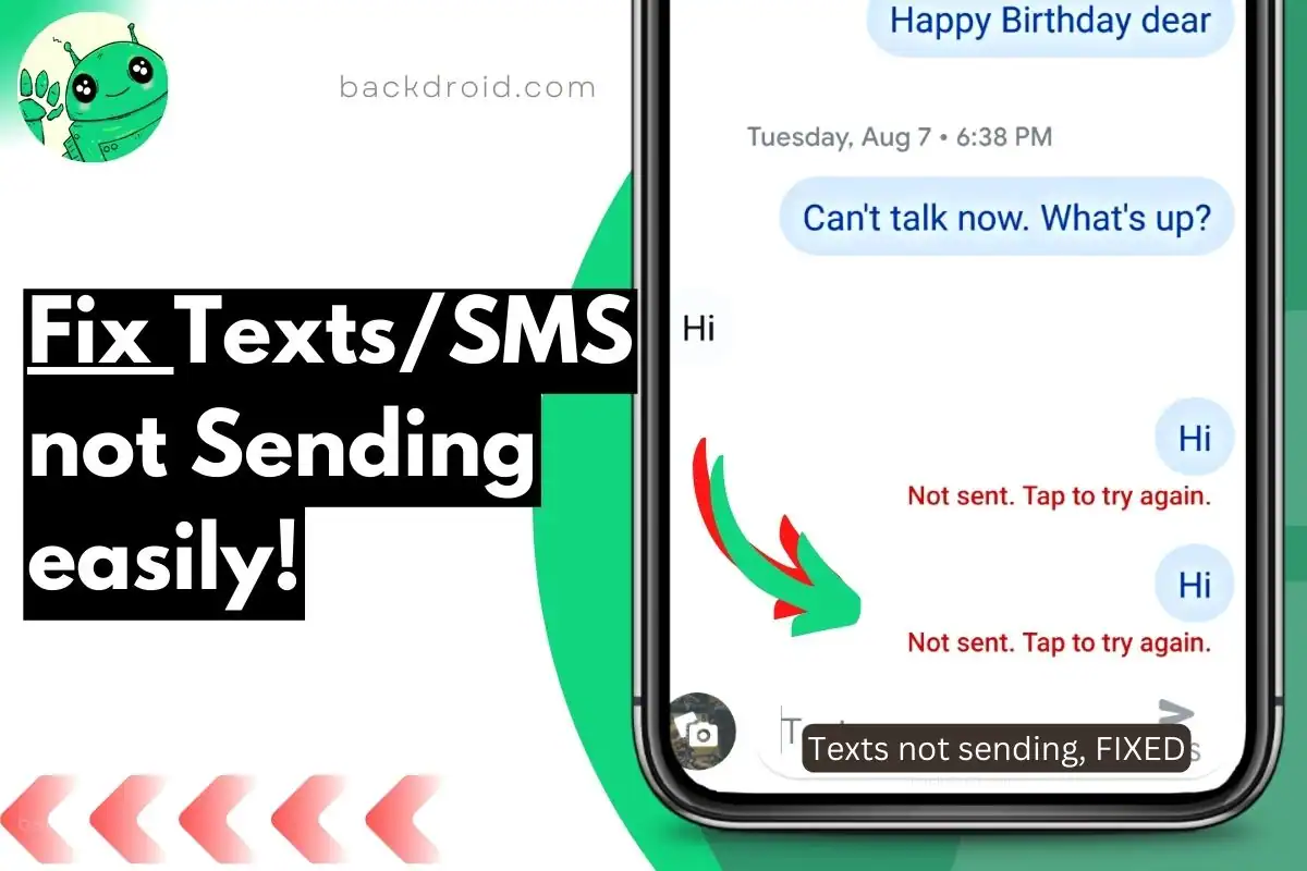 thumbnail shows sms texts not sending on android, with overlay text to fix it