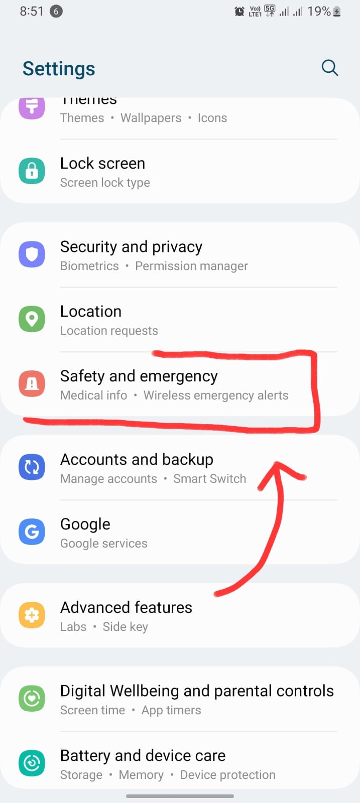safety and emergency highlighted from settings