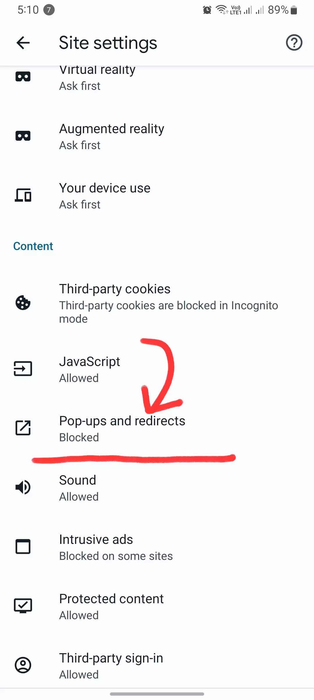 chrome app site settings highlighting popups and redirects